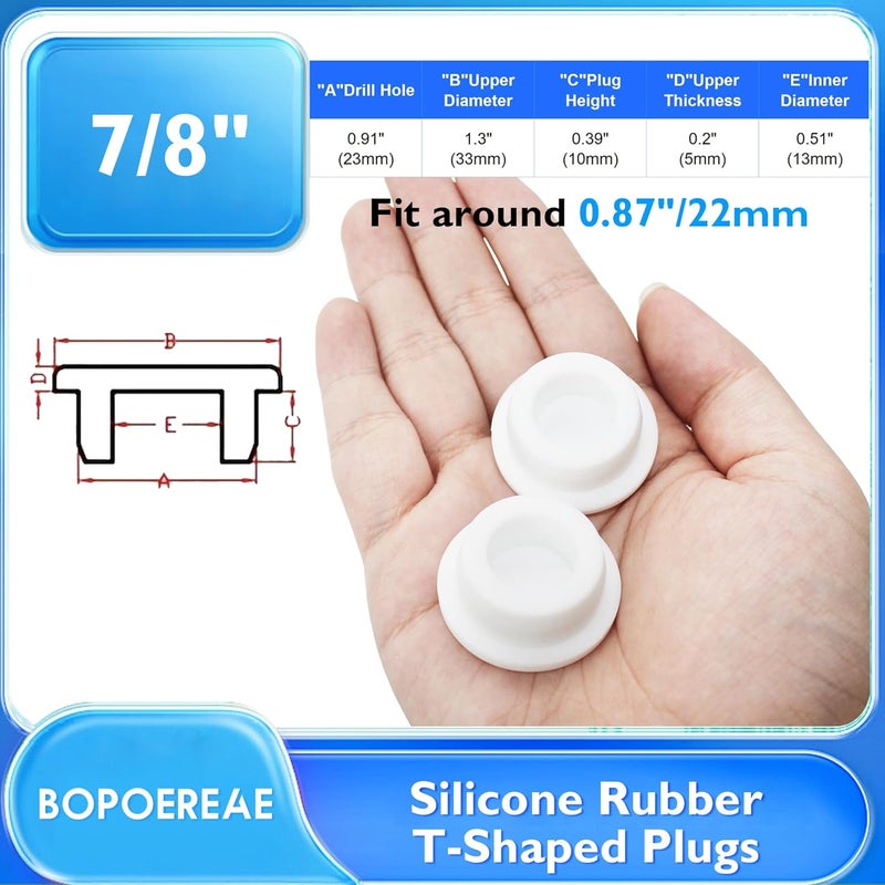 BOPOREAE 11 Pcs 23 mm/0.91 in Silicone Rubber Plug for 22 mm Round Holes, Waterproof T Type Rubber Stoppers, Soft Flexible Snap-On Bottle Seal Button Plugs Tube Pipe End Covers Caps Inserts, White - Image 2